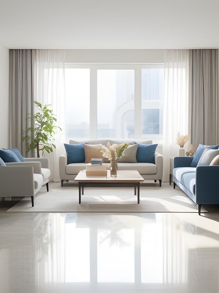 Sunlit modern living room with neatly arranged cushions, polished floors, and soft natural light after a professional cleaning