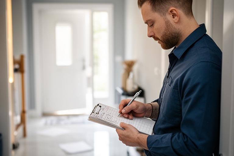 Cleaner reviewing service notes beside a tidy entryway with polished surfaces and soft daylight