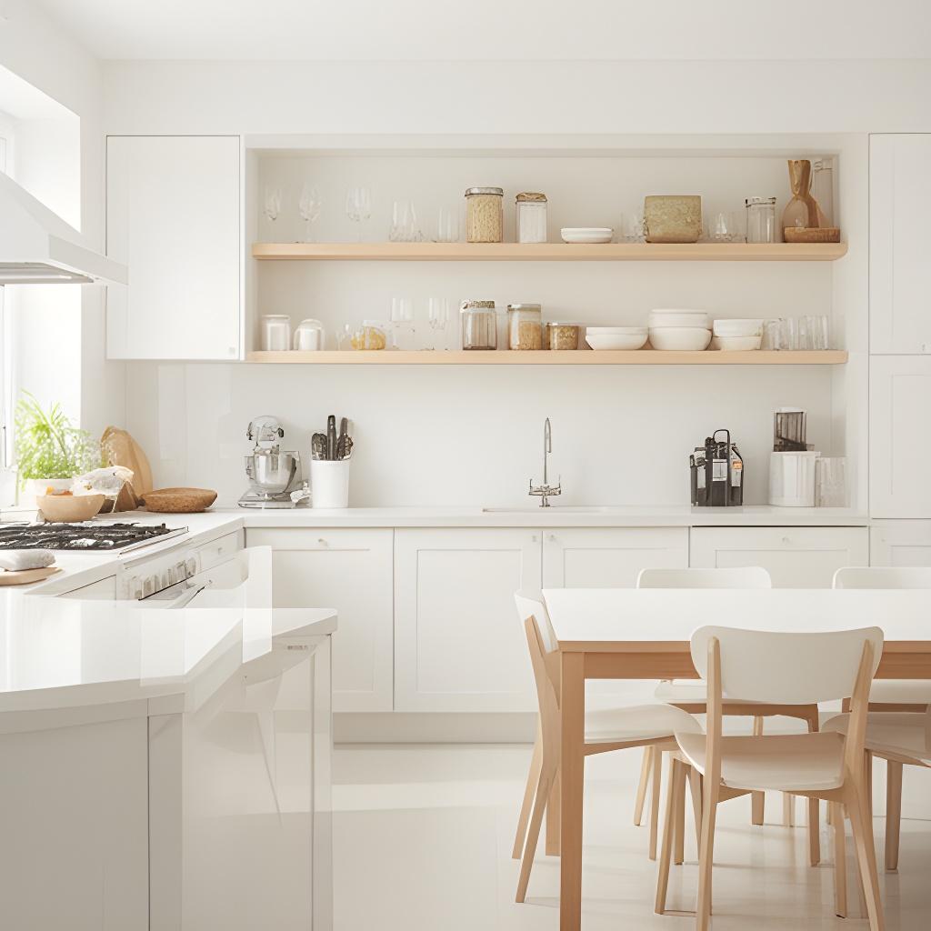 Bright family kitchen with spotless counters, organised shelves, and a freshly cleaned dining area
