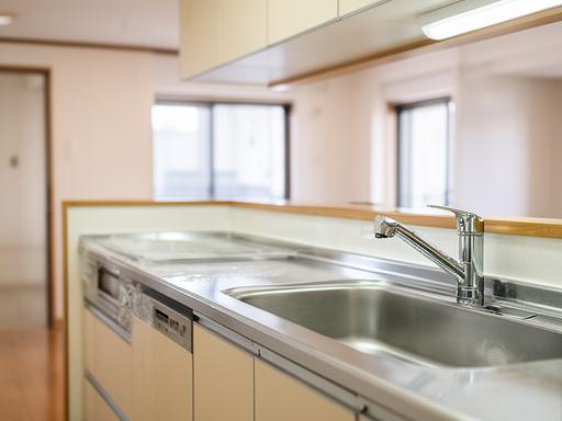 Vacant apartment kitchen cleaned for move-out with bright counters and polished fixtures