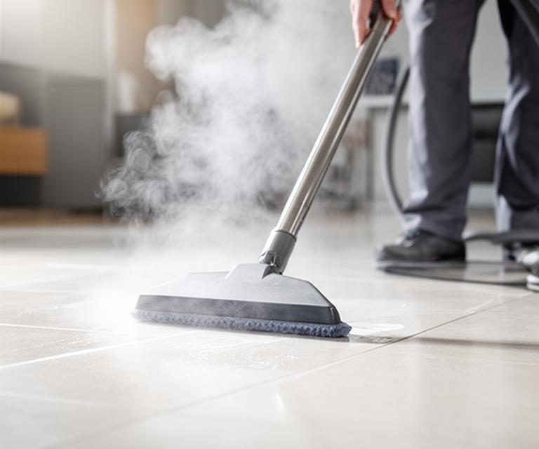Cleaning technician using a steam cleaner on a tiled floor in a bright modern room
