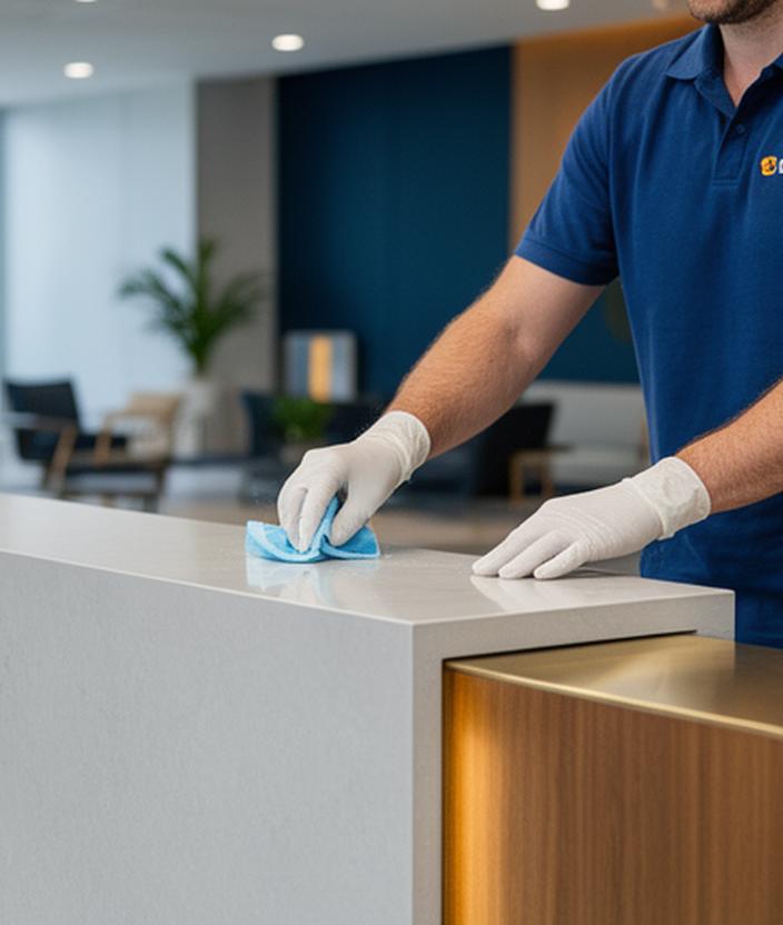Commercial cleaning technician sanitising a reception desk in a modern office lobby